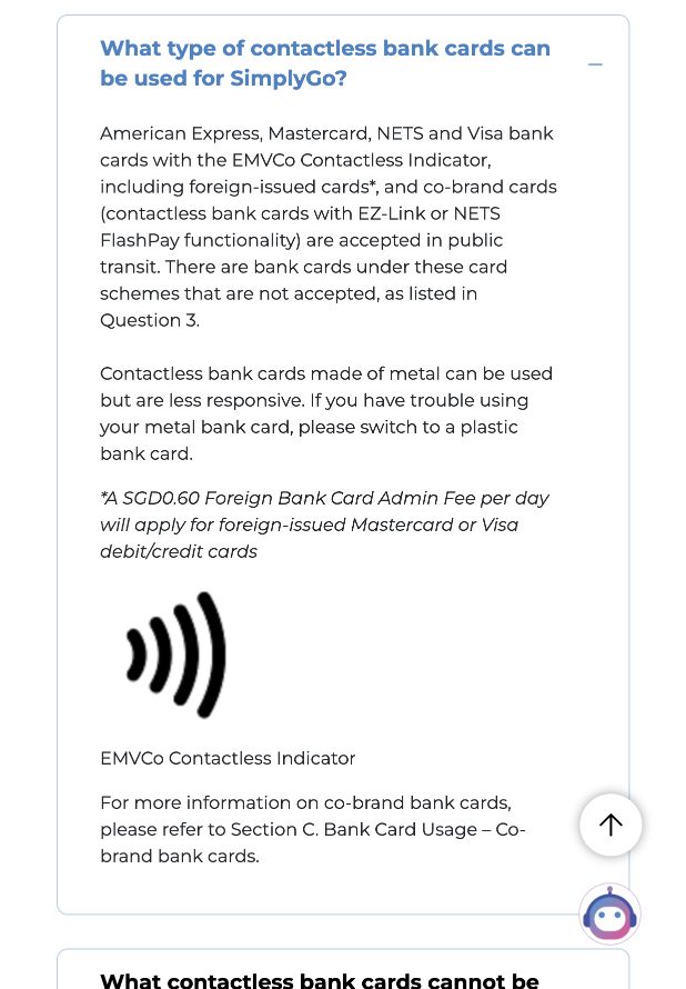SimplyGo's expanded FAQ answer, including the S$0.60 daily admin fee footnote for foreign-issued Mastercard and Visa cards